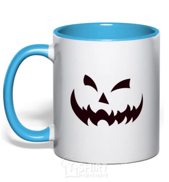 Mug with a colored handle halloween smile sky-blue фото