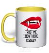 Mug with a colored handle trust me i don't bite yellow фото