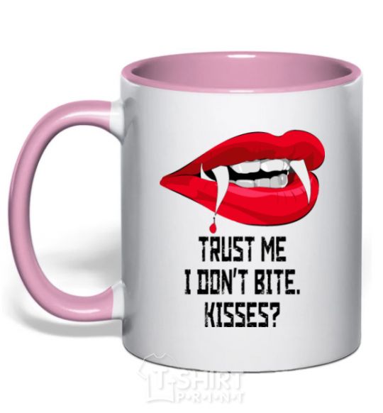 Mug with a colored handle trust me i don't bite light-pink фото