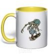 Mug with a colored handle Skateboard skeleton yellow фото