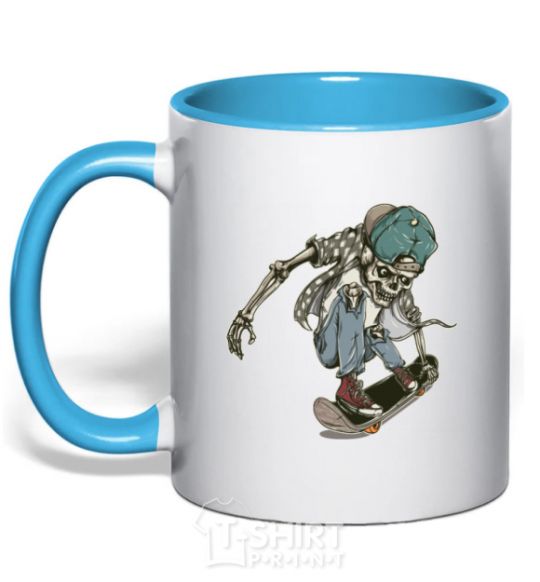 Mug with a colored handle Skateboard skeleton sky-blue фото