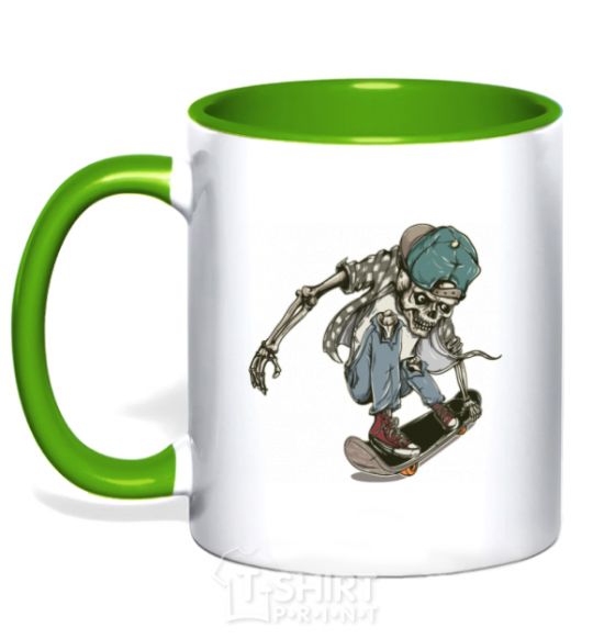 Mug with a colored handle Skateboard skeleton kelly-green фото