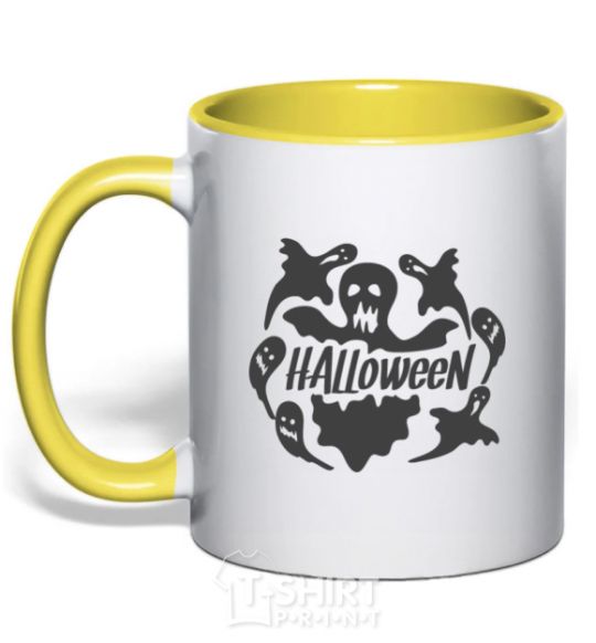Mug with a colored handle Halloween ghosts yellow фото