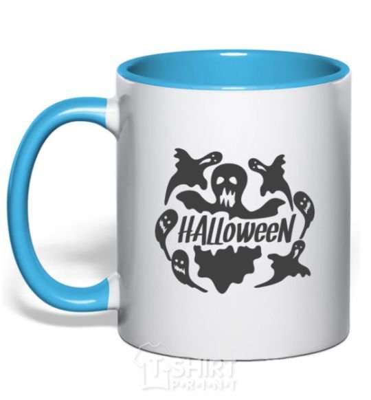 Mug with a colored handle Halloween ghosts sky-blue фото