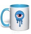 Mug with a colored handle Horrible eye sky-blue фото