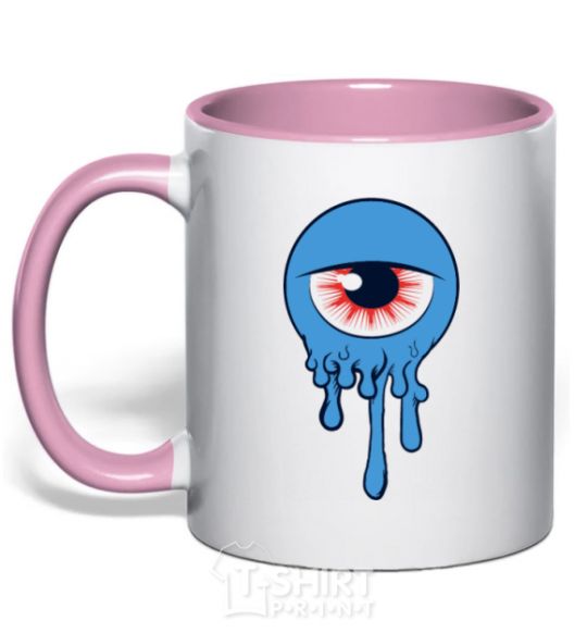 Mug with a colored handle Horrible eye light-pink фото