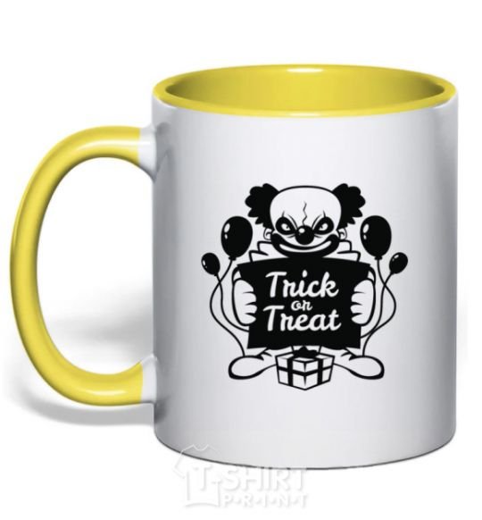 Mug with a colored handle Cloun trick or treat yellow фото