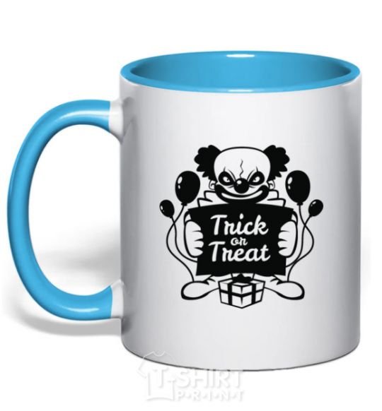 Mug with a colored handle Cloun trick or treat sky-blue фото