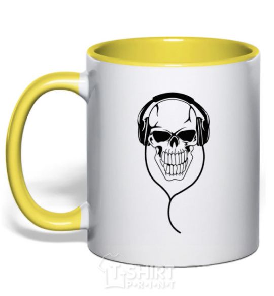 Mug with a colored handle Skull in headphones yellow фото