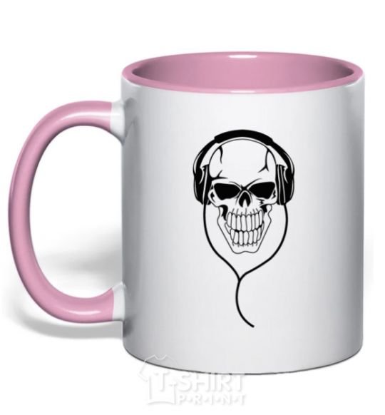 Mug with a colored handle Skull in headphones light-pink фото