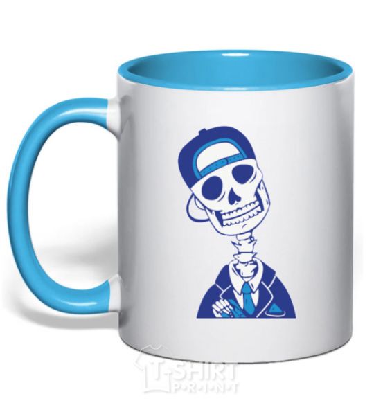 Чашка с цветной ручкой Череп в кепке Голубой фото