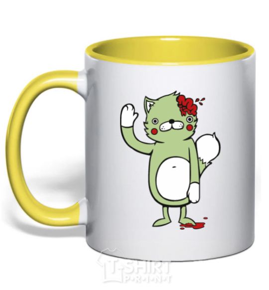 Mug with a colored handle Kitty and brains yellow фото