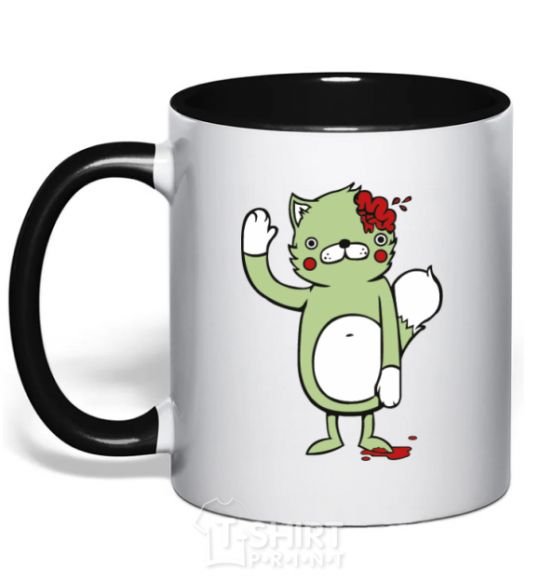 Mug with a colored handle Kitty and brains black фото