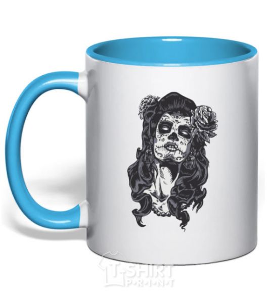 Mug with a colored handle Santa Muerte sky-blue фото