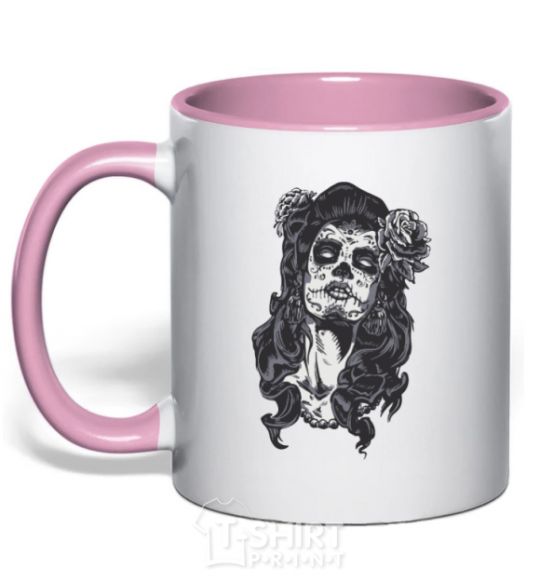 Mug with a colored handle Santa Muerte light-pink фото