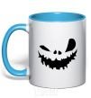 Mug with a colored handle scary smile sky-blue фото