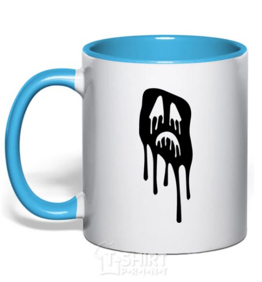Mug with a colored handle Scream face sky-blue фото