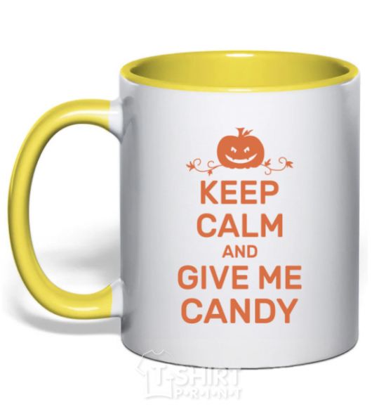 Mug with a colored handle keep calm and give me candy yellow фото