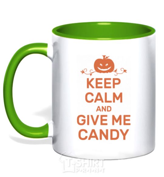 Mug with a colored handle keep calm and give me candy kelly-green фото