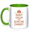 Mug with a colored handle keep calm and give me candy kelly-green фото