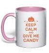 Mug with a colored handle keep calm and give me candy light-pink фото