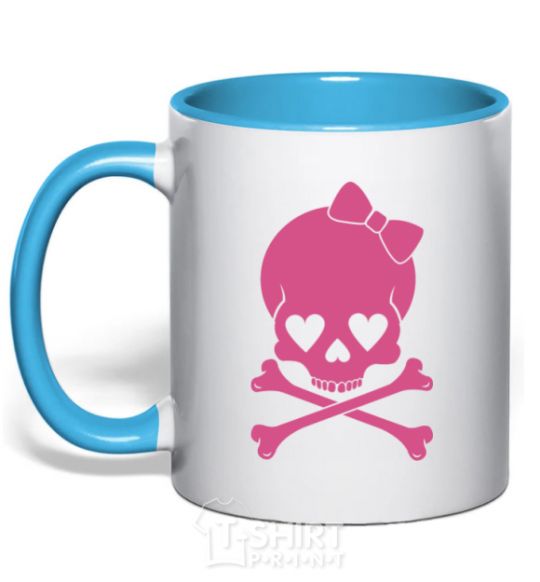Mug with a colored handle skull girl sky-blue фото