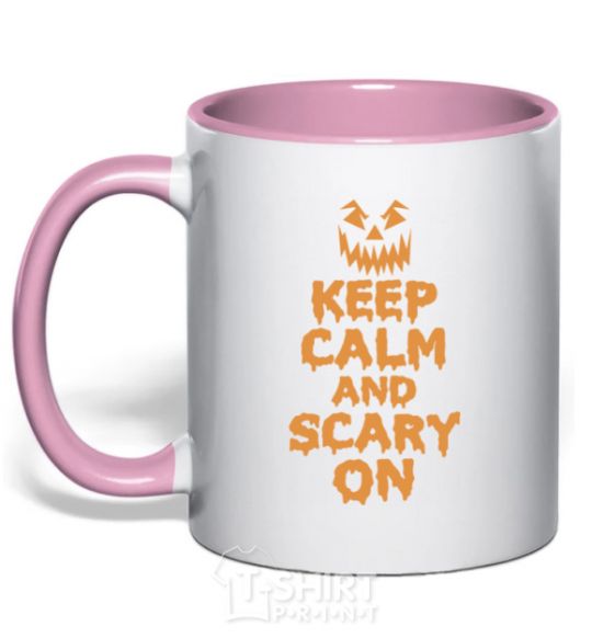 Mug with a colored handle Keep calm and scary on light-pink фото