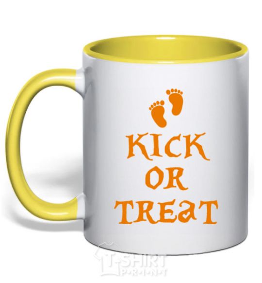 Mug with a colored handle kick or treat yellow фото