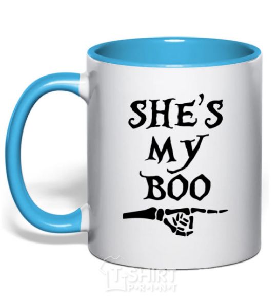 Mug with a colored handle shes my boo sky-blue фото