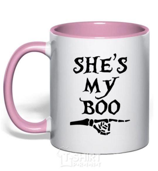 Mug with a colored handle shes my boo light-pink фото