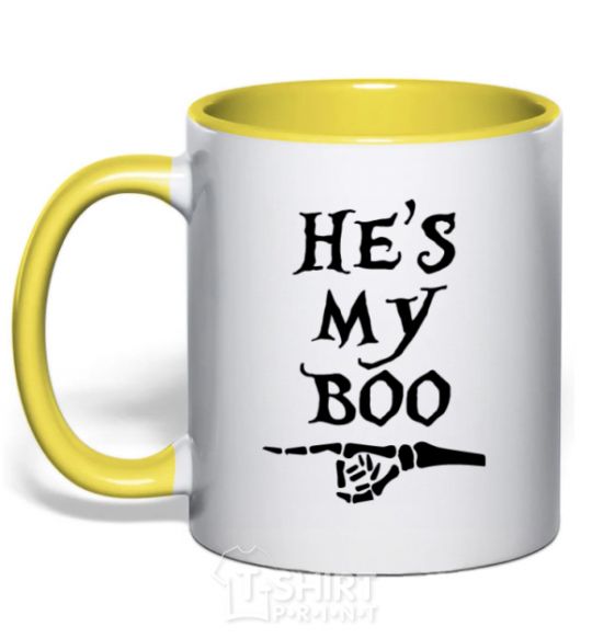 Mug with a colored handle he's my boo yellow фото