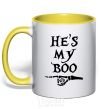 Mug with a colored handle he's my boo yellow фото