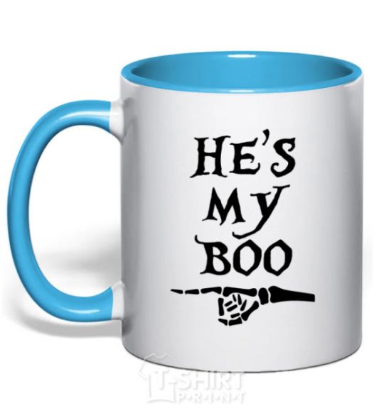 Mug with a colored handle he's my boo sky-blue фото