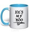 Mug with a colored handle he's my boo sky-blue фото