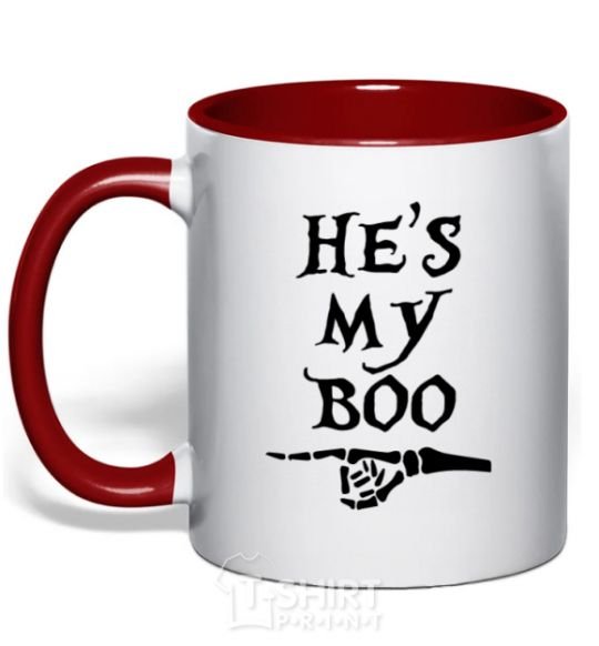Mug with a colored handle he's my boo red фото