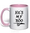 Mug with a colored handle he's my boo light-pink фото