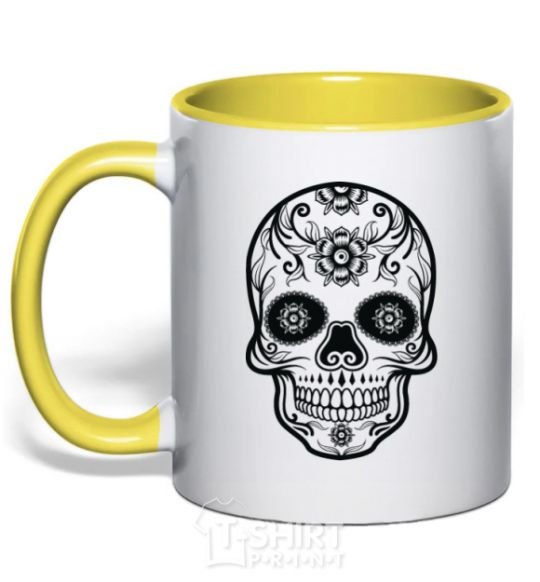 Mug with a colored handle mexican skull yellow фото