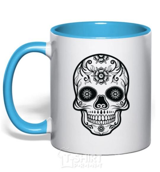 Mug with a colored handle mexican skull sky-blue фото
