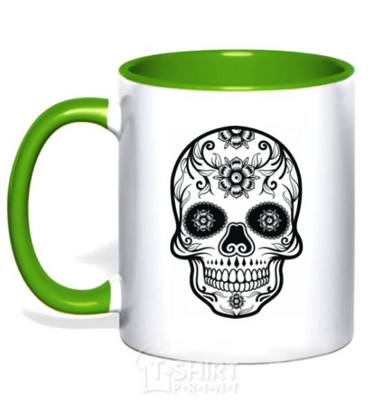 Mug with a colored handle mexican skull kelly-green фото
