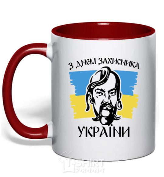 Mug with a colored handle Happy Defender of Ukraine Day red фото