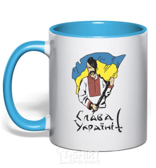 Mug with a colored handle Glory to Ukraine sky-blue фото