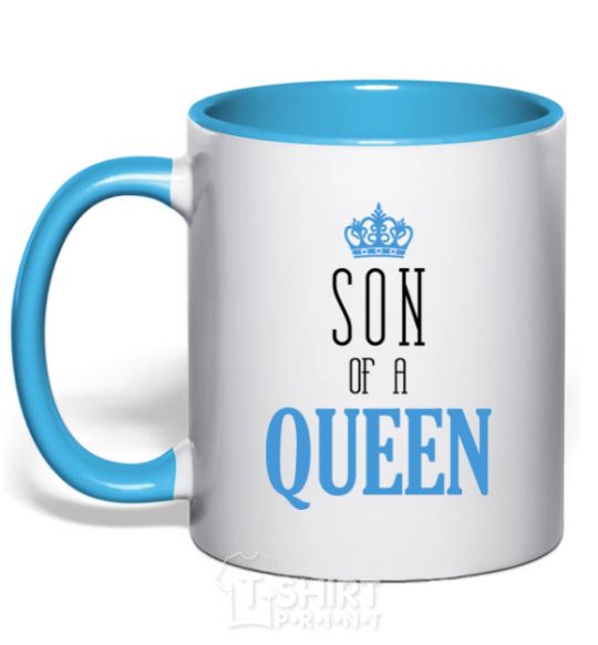 Mug with a colored handle Son of a queen sky-blue фото