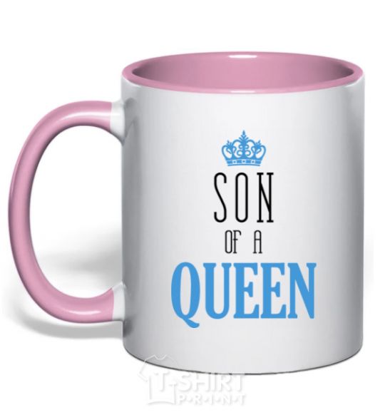 Mug with a colored handle Son of a queen light-pink фото