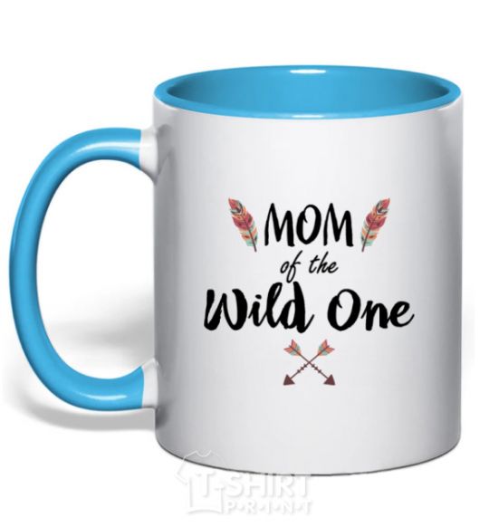 Mug with a colored handle Mom of the wild one sky-blue фото