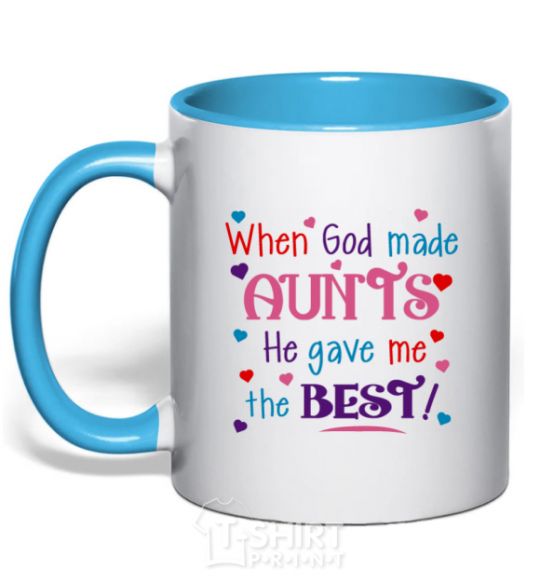 Mug with a colored handle When God made AUNTS He gave me the BEST sky-blue фото