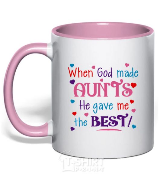 Mug with a colored handle When God made AUNTS He gave me the BEST light-pink фото