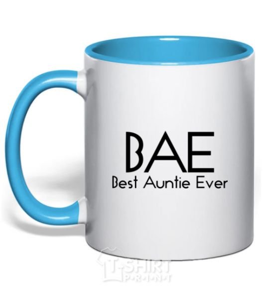 Mug with a colored handle Best auntie ever sky-blue фото