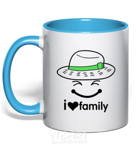 Mug with a colored handle I Love my family_Kid sky-blue фото