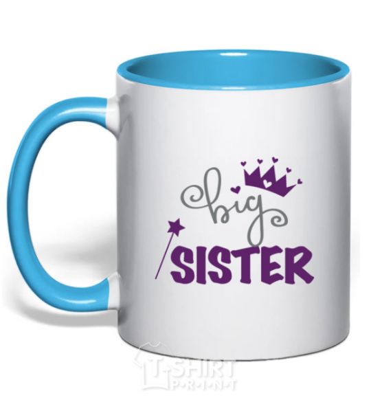 Mug with a colored handle Big sister purple lettering sky-blue фото