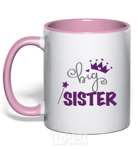 Mug with a colored handle Big sister purple lettering light-pink фото